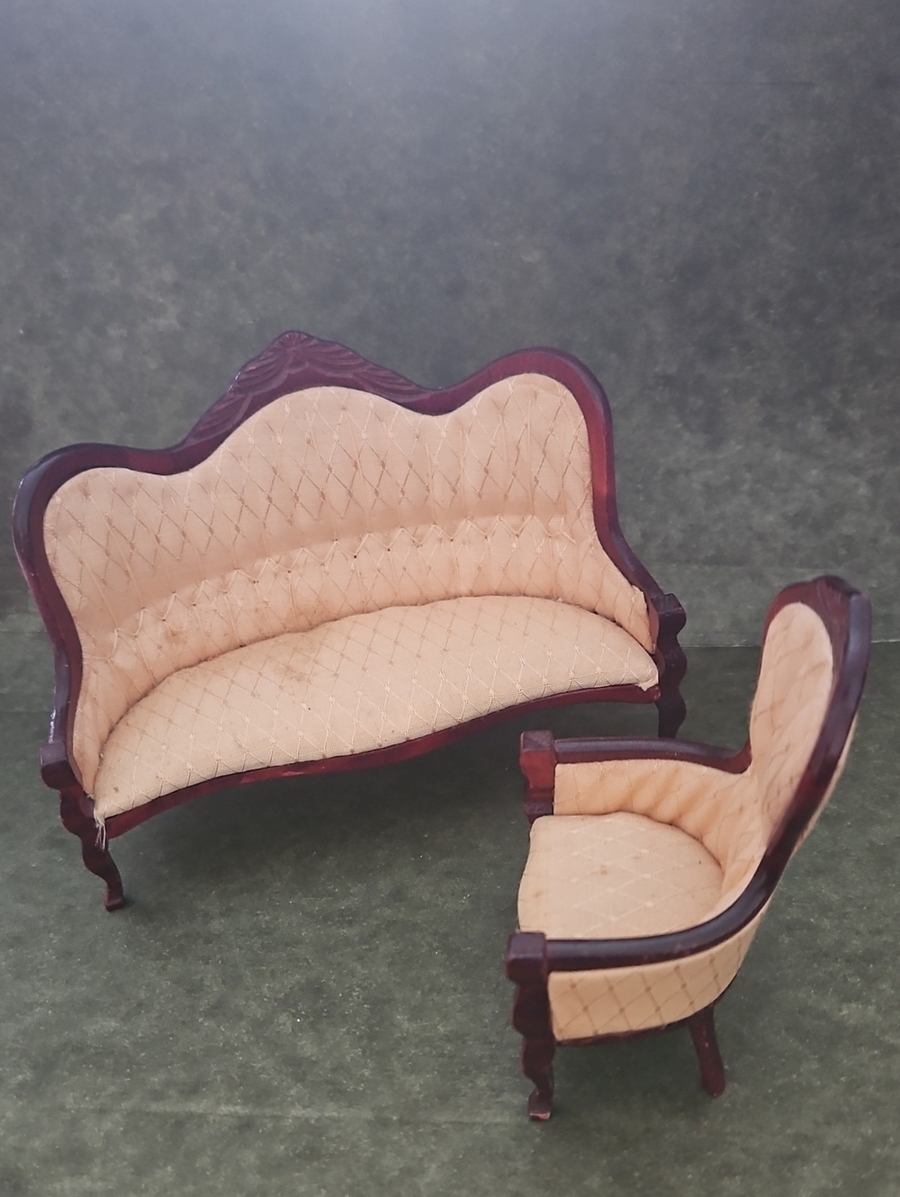 Dollhouse Size Miniature Antique-Style Beige Velvet Parlor Sofa and Chair Set